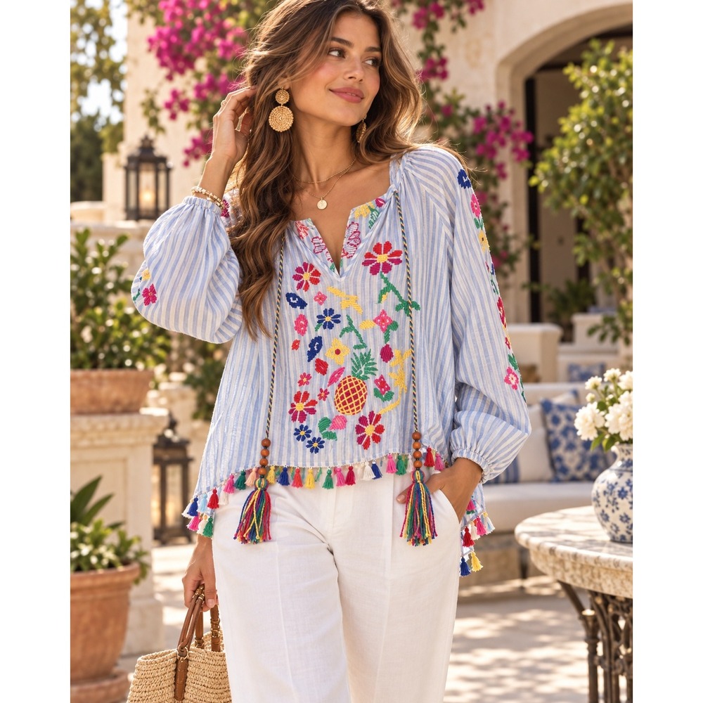 Zara Woman Blue White Striped Floral Pineapple Embroidered Tassel Blouse XS